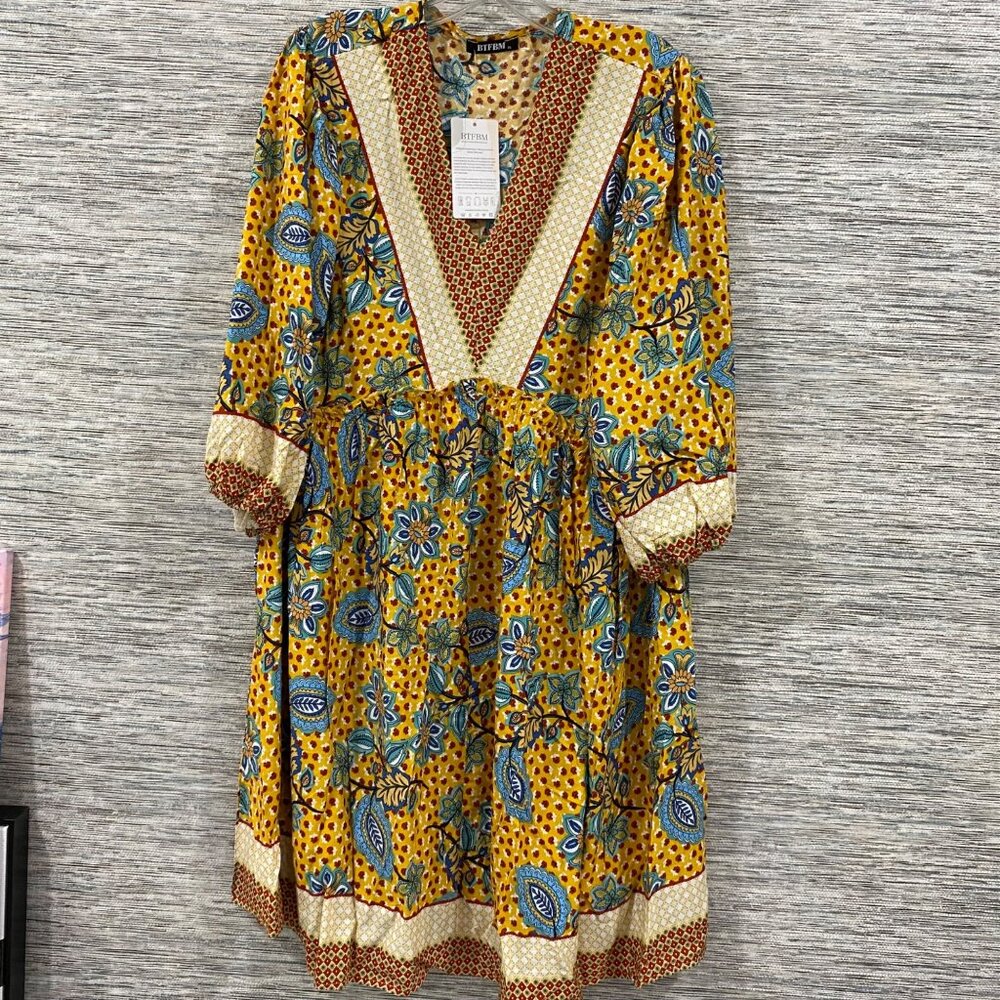 BTFBM Floral Boho Midi Dress With V-Neck & 3/4 Sleeves In Yellow & Blue NWT